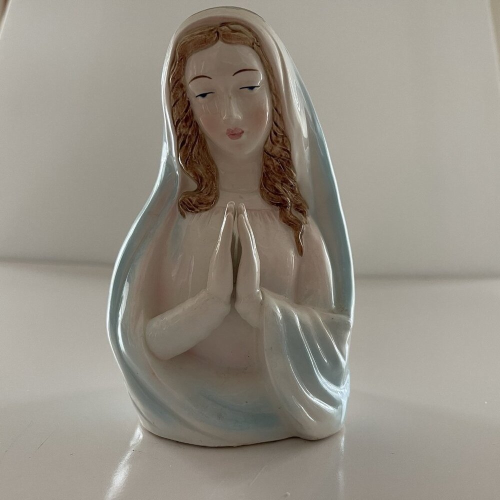 Vintage Napco Ceramic Mary Prayer Figurine Planter Vase Madonna Blessed Mother